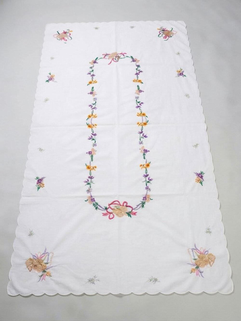 Vintage Embroidered Easter Tablecloth White Scalloped Floral Bunny Eggs Spring